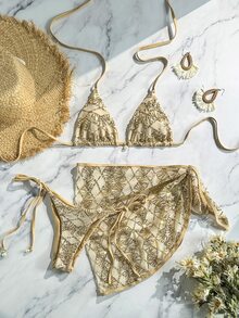SHEIN Swim 三件套，春夏海滩度假，亮片特殊质感面料，珍珠装饰挂脖三角比基尼上衣，侧系带泳裤和亮片纱笼裙，性感女士泳装三件套 - 金色 - 查看 6