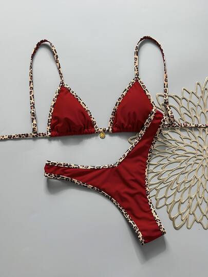 Swim Vcay Women's Red Halter Tie Back Bikini Set With Textured Animal Print And High Cut Bottom