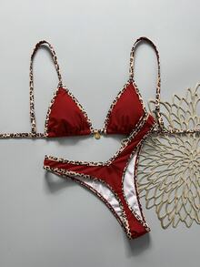 SHEIN Swim 2件套女士夏季随机印花露背吊带金属装饰性感比基尼套装，红色豹纹比基尼套装，女士比基尼套装泳装，Zestiva泳装，女士泳衣，女士聚拢泳装 - 紅色 - 查看 2