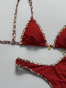SHEIN Swim 2件套女士夏季随机印花露背吊带金属装饰性感比基尼套装，红色豹纹比基尼套装，女士比基尼套装泳装，Zestiva泳装，女士泳衣，女士聚拢泳装 - 紅色 - 查看 5