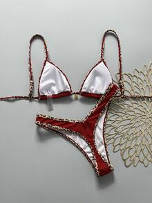 SHEIN Swim 2件套女士夏季随机印花露背吊带金属装饰性感比基尼套装，红色豹纹比基尼套装，女士比基尼套装泳装，Zestiva泳装，女士泳衣，女士聚拢泳装 - 紅色 - 查看 4