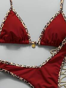 SHEIN Swim 2件套女士夏季随机印花露背吊带金属装饰性感比基尼套装，红色豹纹比基尼套装，女士比基尼套装泳装，Zestiva泳装，女士泳衣，女士聚拢泳装 - 紅色 - 查看 7