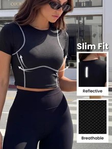 Dewbera Dewbera Women's Colorblock Slim Fit Short Sleeve Sports T-Shirt For Daily Wear - Black - View 1