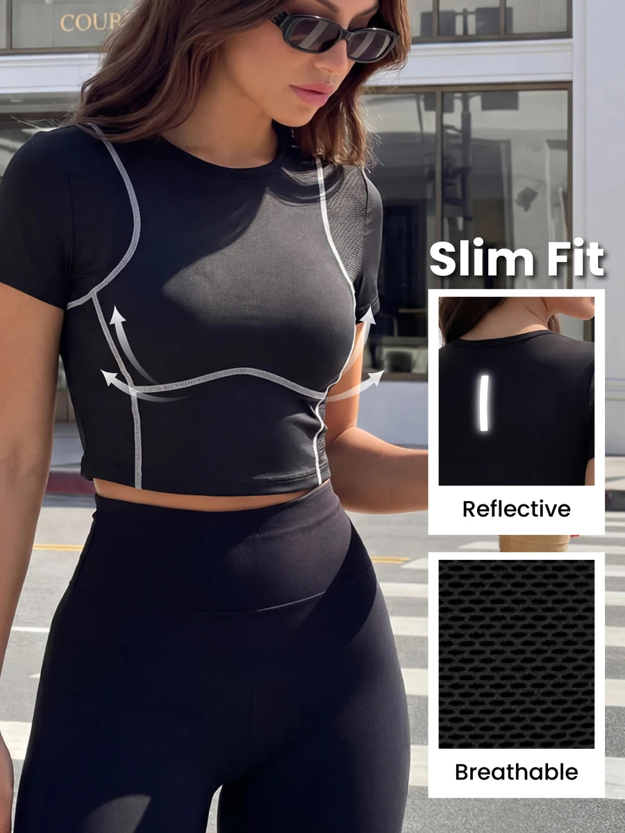 Dewbera Dewbera Women's Colorblock Slim Fit Short Sleeve Sports T-Shirt For Daily Wear - Black - View 1