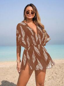 Swim Lushoire 1 buah Baju Penutup Tubuh Wanita Berbahan Jala dengan Motif Daun, Pakaian Kasual untuk Pantai, Kolam Renang, dan Resor, Musim Semi/Panas - Coffee Brown - View 6