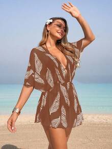 Swim Lushoire 1 buah Baju Penutup Tubuh Wanita Berbahan Jala dengan Motif Daun, Pakaian Kasual untuk Pantai, Kolam Renang, dan Resor, Musim Semi/Panas - Coffee Brown - View 5