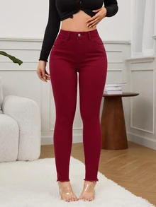 SHEIN Unity 女款純色修身鈕扣門襟休閒百搭牛仔褲 酒紅紅褲 高腰長褲 - 酒紅色 - 查看 6