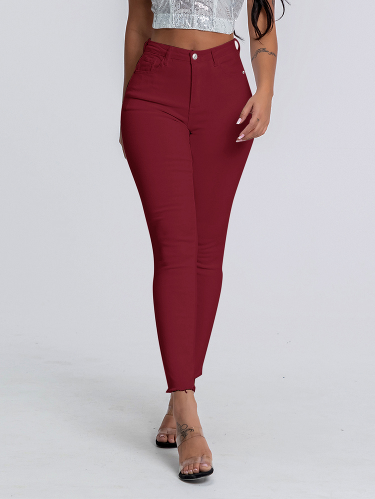 SHEIN SXY Celana Jeans Denim Kasual Serbaguna Model Skinny Warna Polos dengan Kancing Depan, Celana Burgundy, Celana Merah untuk Wanita, Celana Pinggang Tinggi, Celana High Rise - Burgundy - View 12