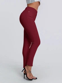 SHEIN Unity 女款純色修身鈕扣門襟休閒百搭牛仔褲 酒紅紅褲 高腰長褲 - 酒紅色 - 查看 11