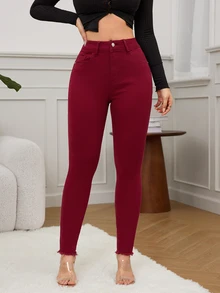 SHEIN Unity 女款純色修身鈕扣門襟休閒百搭牛仔褲 酒紅紅褲 高腰長褲 - 酒紅色 - 查看 4
