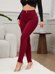 SHEIN Unity 女款純色修身鈕扣門襟休閒百搭牛仔褲 酒紅紅褲 高腰長褲 - 酒紅色 - 查看 5