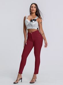SHEIN Unity 女款純色修身鈕扣門襟休閒百搭牛仔褲 酒紅紅褲 高腰長褲 - 酒紅色 - 查看 13