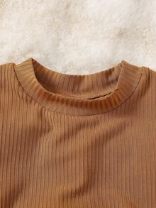 SHEIN 女童冬季外套套裝，優雅時尚長袍風，長袖上衣 3 件組，純色長袖 T 恤與長褲休閒套裝 - 棕色 - 查看 8