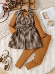 SHEIN 女童冬季外套套裝，優雅時尚長袍風，長袖上衣 3 件組，純色長袖 T 恤與長褲休閒套裝 - 棕色 - 查看 4