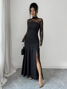 Elenzga Gaun Panjang Wanita Elegan untuk Pesta, Motif Renda, Patchwork, Warna Hitam Murni, Pas Badan, Desain Belahan Samping - Hitam - View 5