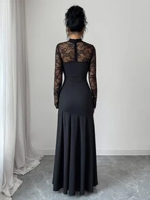 Elenzga Gaun Panjang Wanita Elegan untuk Pesta, Motif Renda, Patchwork, Warna Hitam Murni, Pas Badan, Desain Belahan Samping - Hitam - View 2