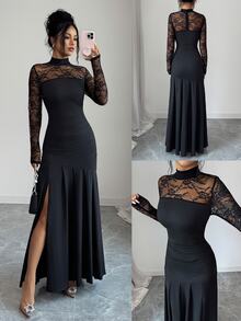 Elenzga Gaun Panjang Wanita Elegan untuk Pesta, Motif Renda, Patchwork, Warna Hitam Murni, Pas Badan, Desain Belahan Samping - Hitam - View 1