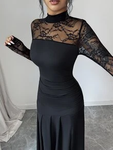 Elenzga Gaun Panjang Wanita Elegan untuk Pesta, Motif Renda, Patchwork, Warna Hitam Murni, Pas Badan, Desain Belahan Samping - Hitam - View 8