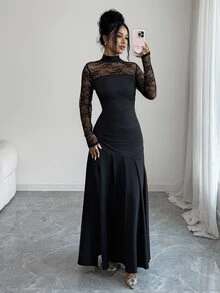Elenzga Gaun Panjang Wanita Elegan untuk Pesta, Motif Renda, Patchwork, Warna Hitam Murni, Pas Badan, Desain Belahan Samping - Hitam - View 3