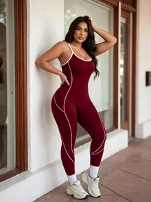 SHEIN Unity Women's Burgundy And White Striped Plus Size Seamless Athletic Jumpsuit - Burgundy - View 8