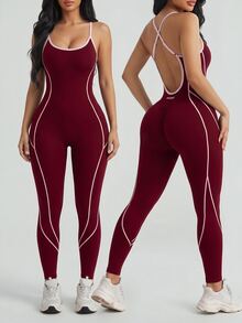 SHEIN Unity Women's Burgundy And White Striped Plus Size Seamless Athletic Jumpsuit - Burgundy - View 4