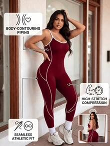 SHEIN Unity Women's Burgundy And White Striped Plus Size Seamless Athletic Jumpsuit - Burgundy - View 3