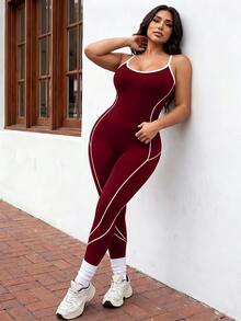 SHEIN Unity Women's Burgundy And White Striped Plus Size Seamless Athletic Jumpsuit - Burgundy - View 7