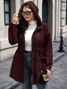 EMERY ROSE Plus Size Women Solid Color Casual Versatile Daily Wear Hooded Jacket - Burgundy - View 5