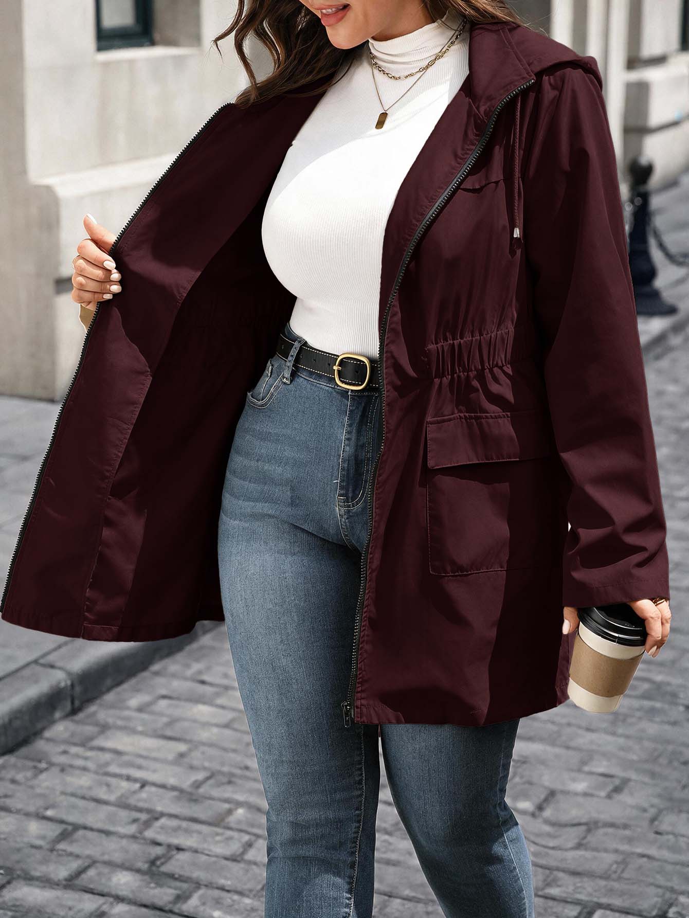 EMERY ROSE Plus Size Hooded Jacket Casual Outerwear Fall Winter 2026 - Burgundy - View 1