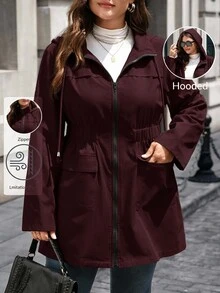 EMERY ROSE Plus Size Women Solid Color Casual Versatile Daily Wear Hooded Jacket - Burgundy - View 1