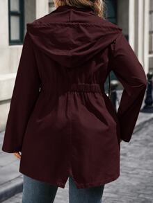 EMERY ROSE Plus Size Women Solid Color Casual Versatile Daily Wear Hooded Jacket - Burgundy - View 2