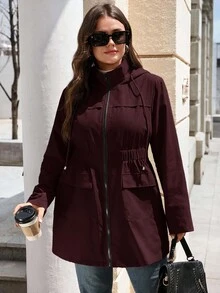 EMERY ROSE Plus Size Women Solid Color Casual Versatile Daily Wear Hooded Jacket - Burgundy - View 6