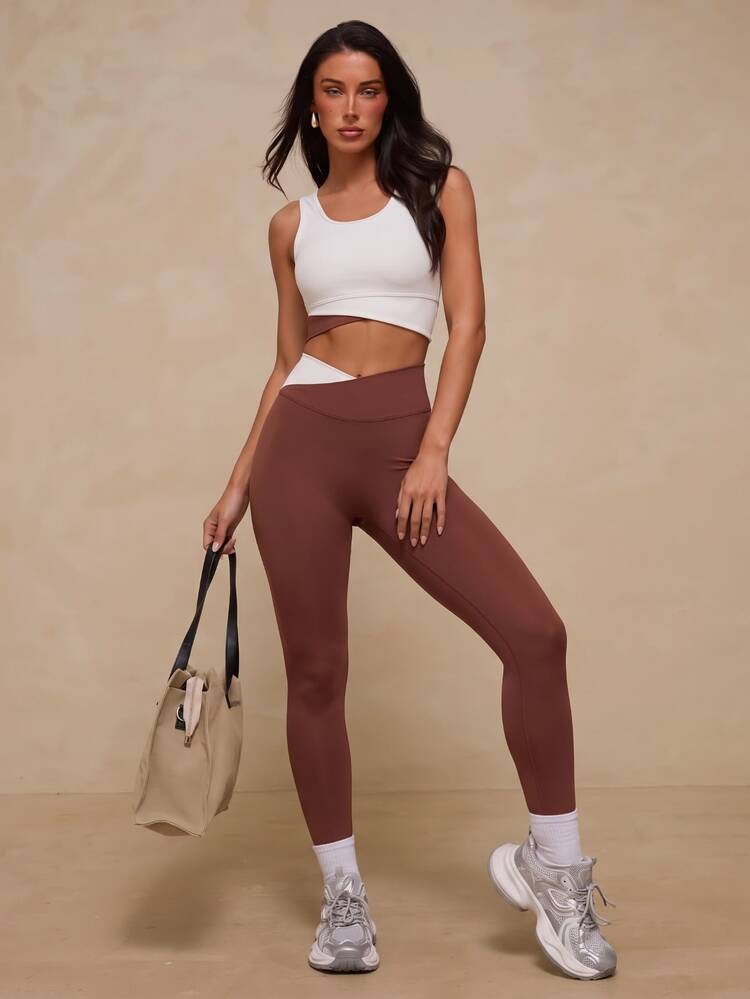 Nuvra 2026 New Apricot & Brown Colorblock 4-Way Stretch Sports Yoga Pilates Women's Workout Set - Multicolor - View 3