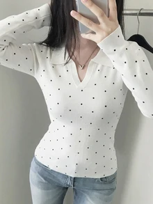 DAZY Women's Polka Dot Casual Daily Long Sleeve Sweater - Black and White - View 3