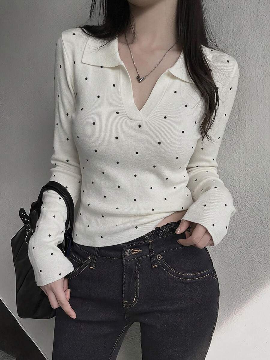 DAZY Women's Polka Dot Casual Daily Long Sleeve Sweater - Black and White - View 1