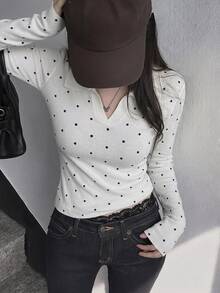 DAZY Women's Polka Dot Casual Daily Long Sleeve Sweater - Black and White - View 6