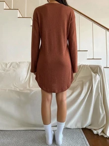 DAZY Women's Solid Color Button Half-Placket Long Sleeve Loungewear Dress - Coffee Brown - View 2