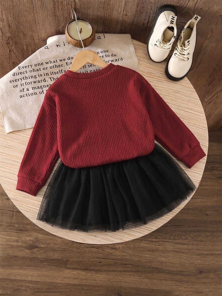SHEIN 2pcs/Set Girls Autumn/Winter Outfit, 3D Bow Decor Sweater Top And Mesh Skirt, Casual Fashion Style Birthday Brown - Burgundy - View 2