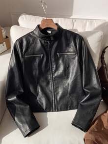 SHEIN 青少年女孩街頭休閒 PU 立領修身夾克外套 秋冬黑色 PU 夾克 - 黑色 - 查看 2
