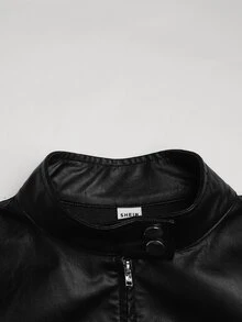 SHEIN 青少年女孩街頭休閒 PU 立領修身夾克外套 秋冬黑色 PU 夾克 - 黑色 - 查看 5