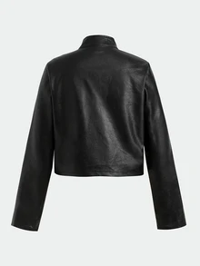 SHEIN 青少年女孩街頭休閒 PU 立領修身夾克外套 秋冬黑色 PU 夾克 - 黑色 - 查看 4