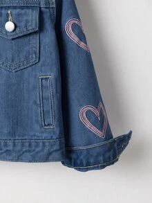 SHEIN Denimly 女孩時尚戶外百搭休閒學院風可愛花卉彩虹蝴蝶結字母愛心印花牛仔夾克外套，翻領水洗牛仔長袖 - 深色水洗藍 - 查看 5