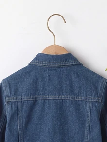 SHEIN Denimly 女孩時尚戶外百搭休閒學院風可愛花卉彩虹蝴蝶結字母愛心印花牛仔夾克外套，翻領水洗牛仔長袖 - 深色水洗藍 - 查看 4