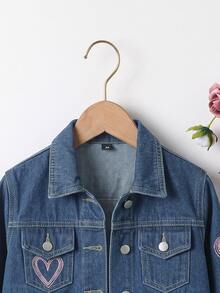 SHEIN Denimly 女孩時尚戶外百搭休閒學院風可愛花卉彩虹蝴蝶結字母愛心印花牛仔夾克外套，翻領水洗牛仔長袖 - 深色水洗藍 - 查看 3