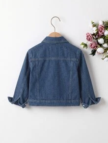 SHEIN Denimly 女孩時尚戶外百搭休閒學院風可愛花卉彩虹蝴蝶結字母愛心印花牛仔夾克外套，翻領水洗牛仔長袖 - 深色水洗藍 - 查看 2
