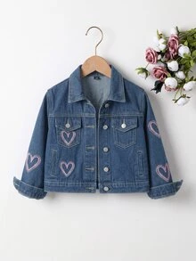 SHEIN Denimly 女孩時尚戶外百搭休閒學院風可愛花卉彩虹蝴蝶結字母愛心印花牛仔夾克外套，翻領水洗牛仔長袖 - 深色水洗藍 - 查看 7