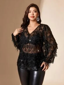 Comfylo Plus Size Women's Sequin Mesh Loose Fashion Blouse - Black - View 3