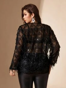 Comfylo Plus Size Women's Sequin Mesh Loose Fashion Blouse - Black - View 2