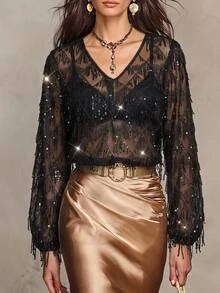 Comfylo Plus Size Women's Sequin Mesh Loose Fashion Blouse - Black - View 8
