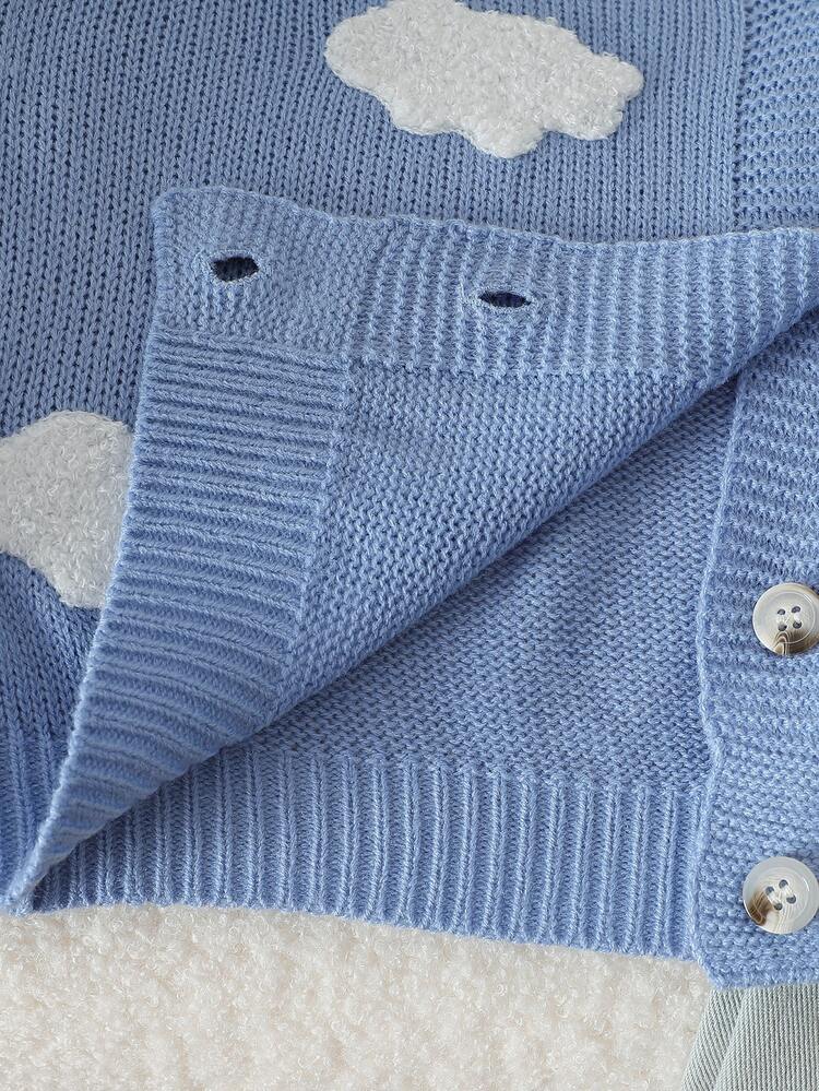 SHEIN Cardigan Rajut Bergaris Leher V Warna Biru Muda Ukuran Anak Perempuan 8-13 Tahun dengan Bordir Handuk 3D Awan Putih, Kancing Tunggal, Bahu Jatuh, Sweater Rajut Pendek Longgar, Pakaian Luar untuk Pelajar Musim Semi/Gugur - Biru - View 6